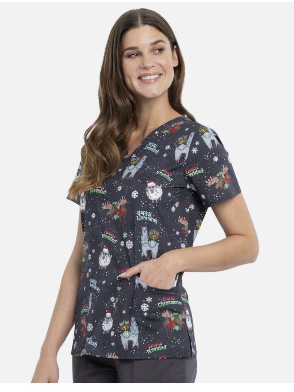 Cherokee Women's Sz Large Merry Whatever Scrub Top Gray V-Neck Holiday Christmas